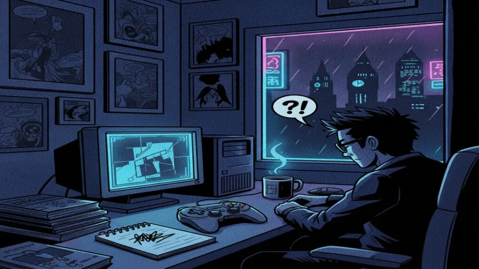 Comic-style editorial desk with controller and notes